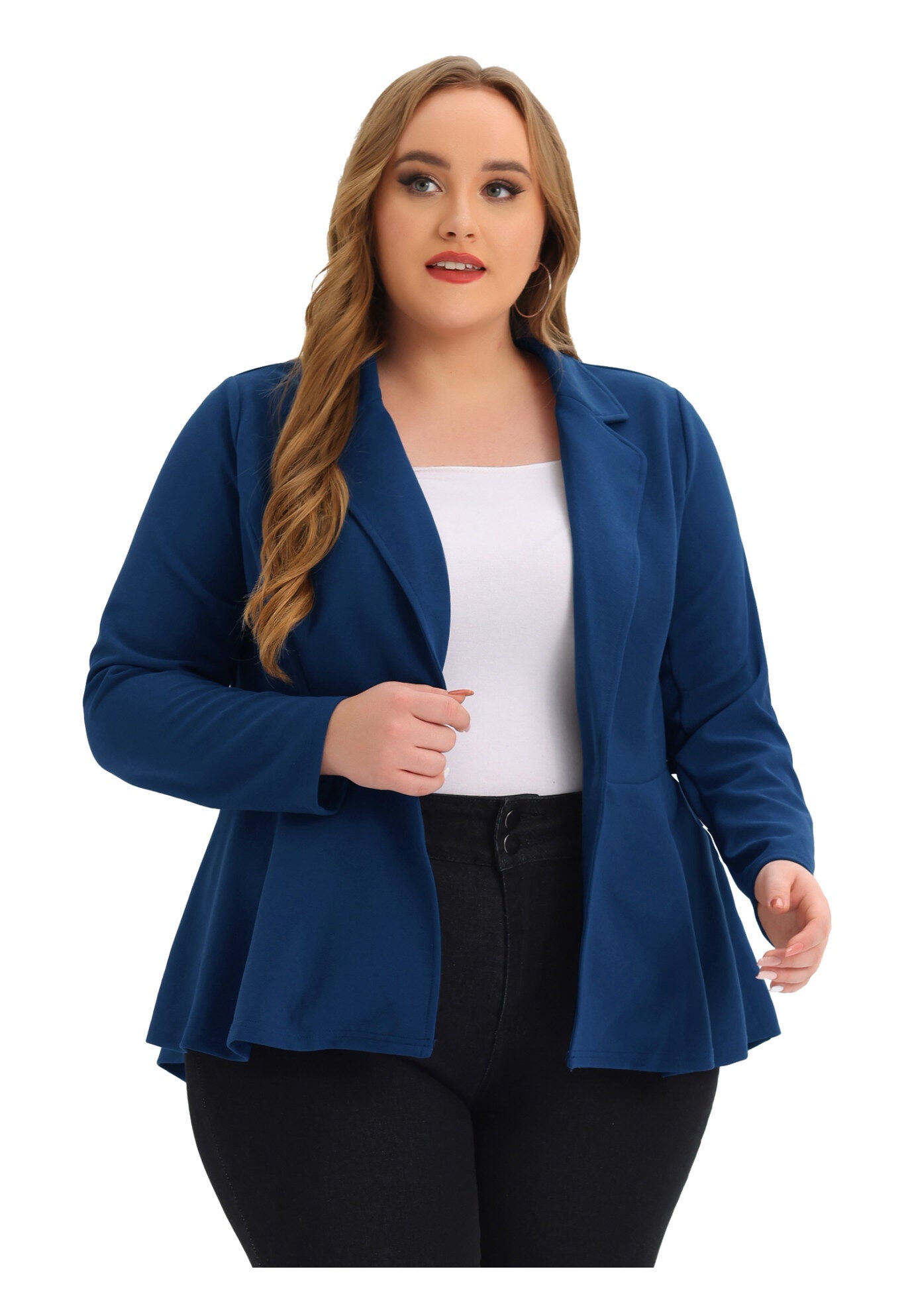 RUFFLE V NECK BUTTON NOTCH PANEL PEPLUM BLAZER, Roral Blue / Royal Blue, alternate image number 2