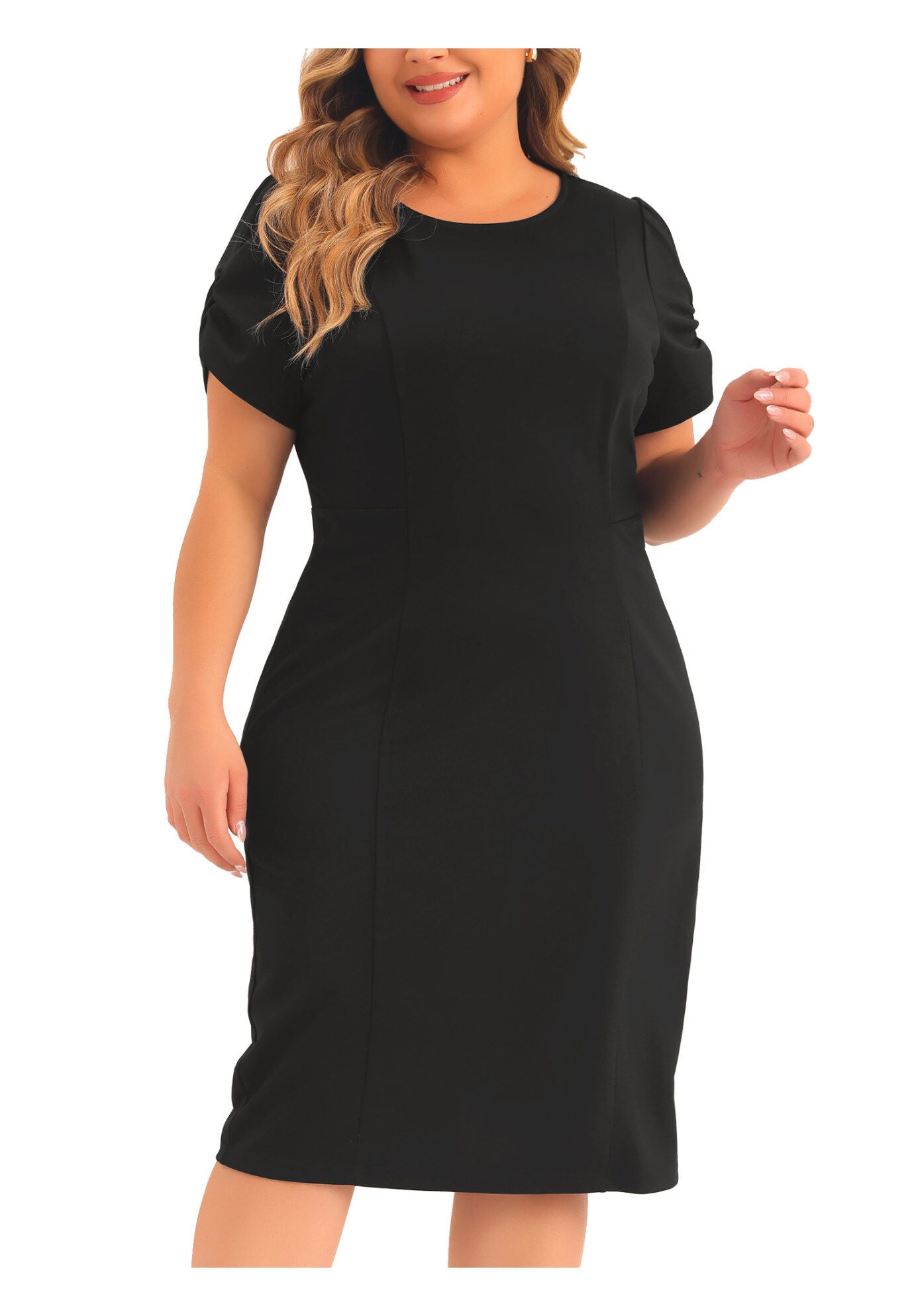 Short Sleeve Above the Knee Sheath Dress, Black / Black, alternate image number 1