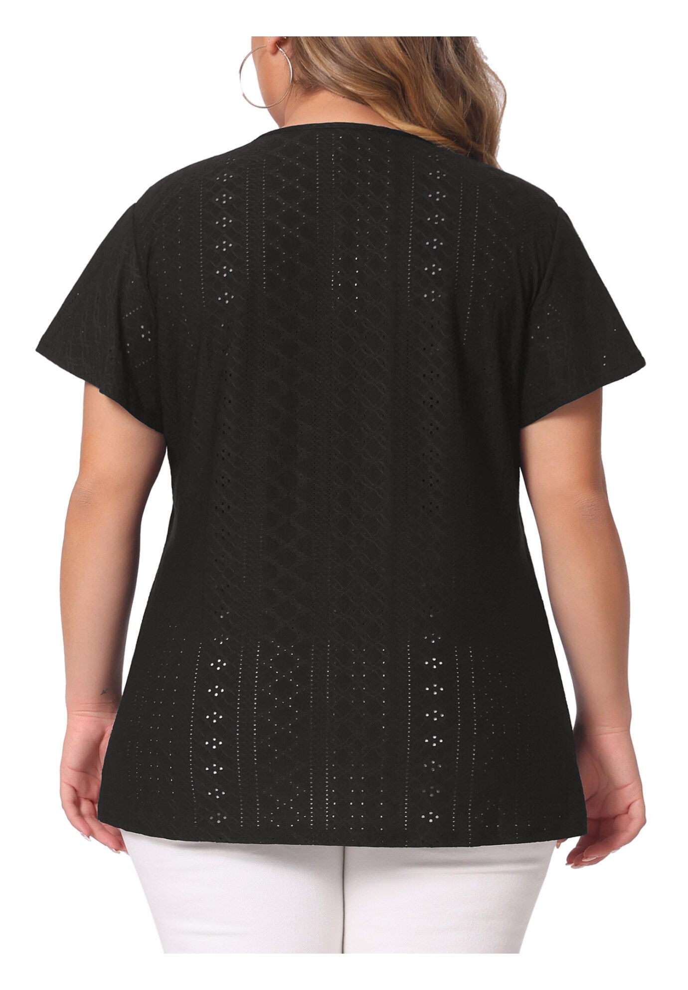Summer Tee V Neck Hollow Flare Short Sleeve Casual Top Tunic, Black / Black, alternate image number 3