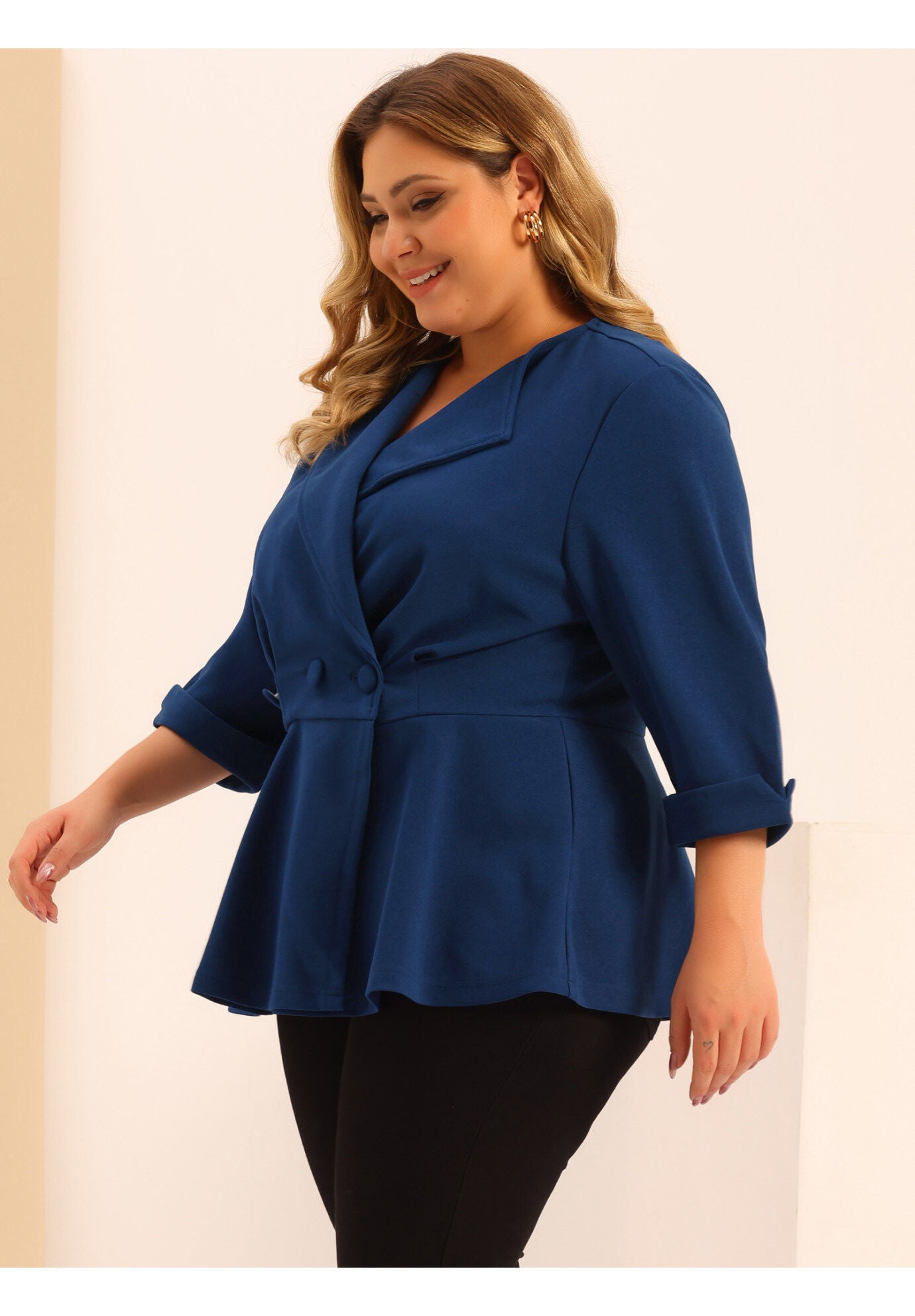 NOTCHED LAPEL PEPLUM JACKET SUIT BLAZER, Blue / Azure Blue, hi-res image number 0