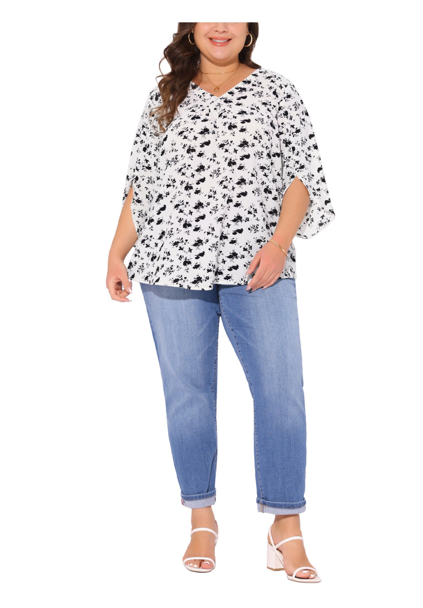 3/4 Sleeve V Neck Chiffon Shirt Tunic Top, White / White, hi-res image number 0