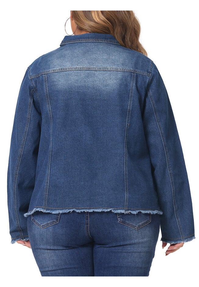 FRAYED HEM CLASSIC WASHED DENIM JEAN JACKET, Dark Blue / Navy, alternate image number 2