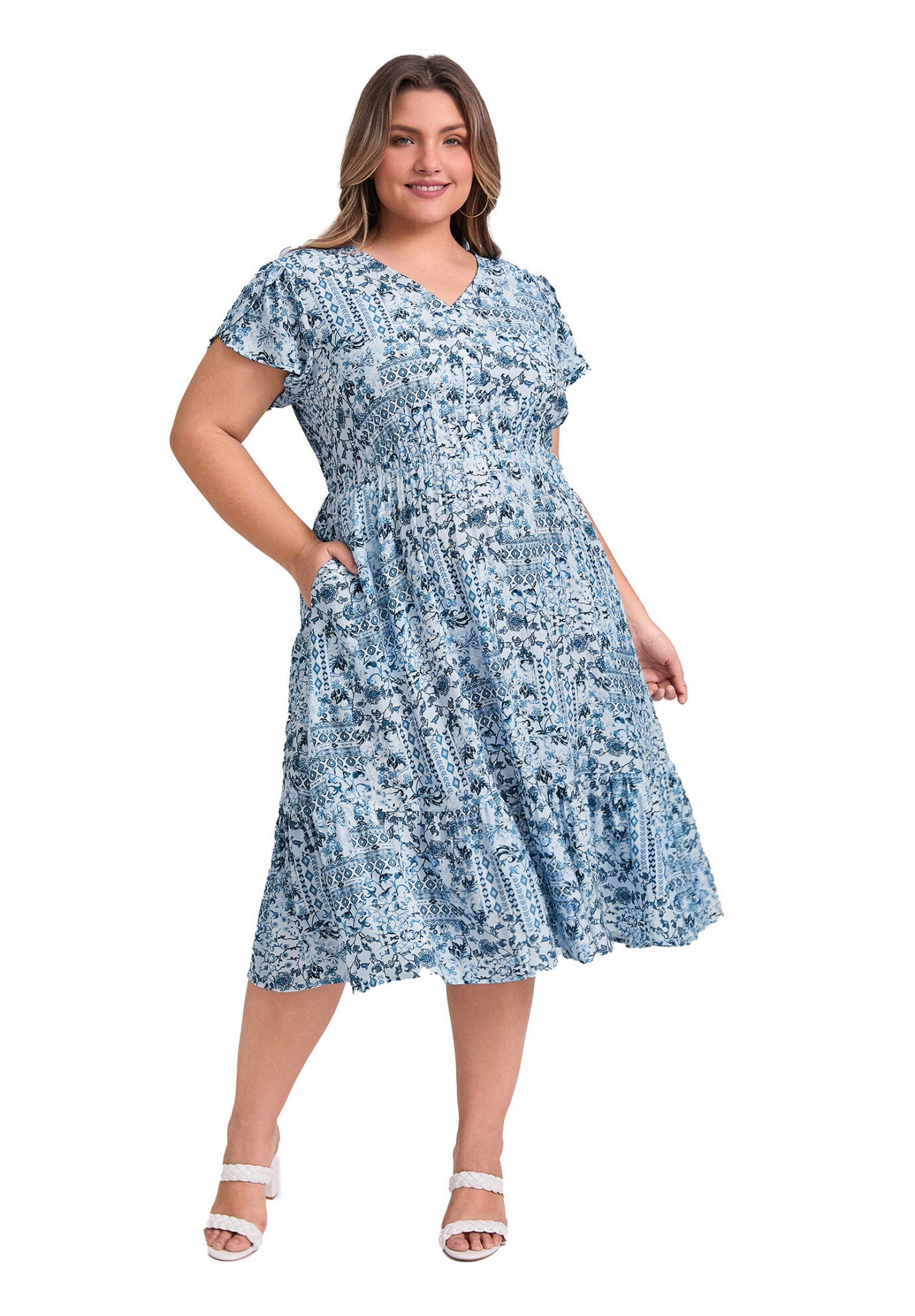 Floral Print V Neck Cap Sleeve A Line Flowy Midi Dress with Pockets, Lake Blue / Light Blue, hi-res image number 0