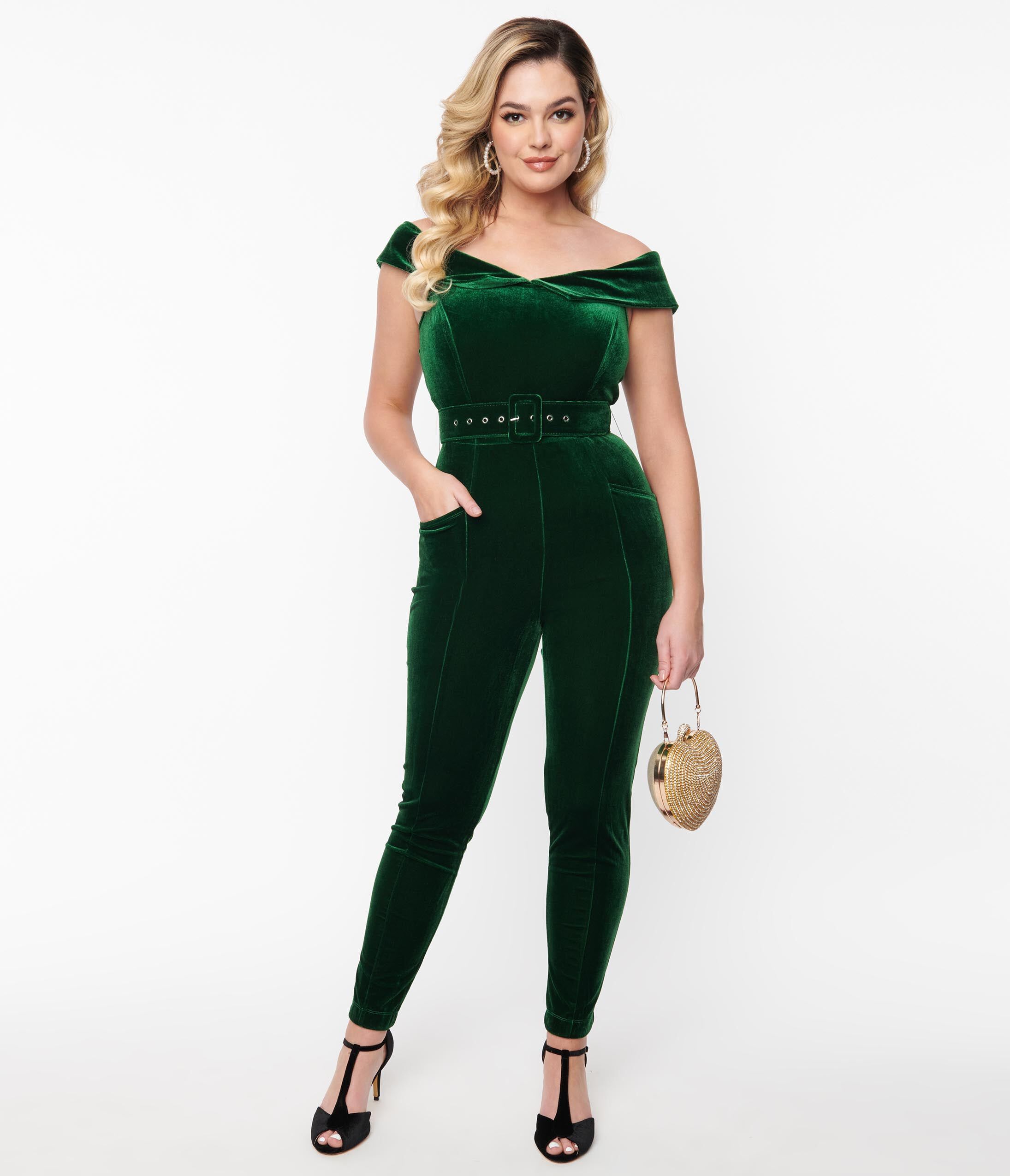 Unique Vintage Emerald Velvet Gillian Jumpsuit, Green / Hunter Green, hi-res image number 0