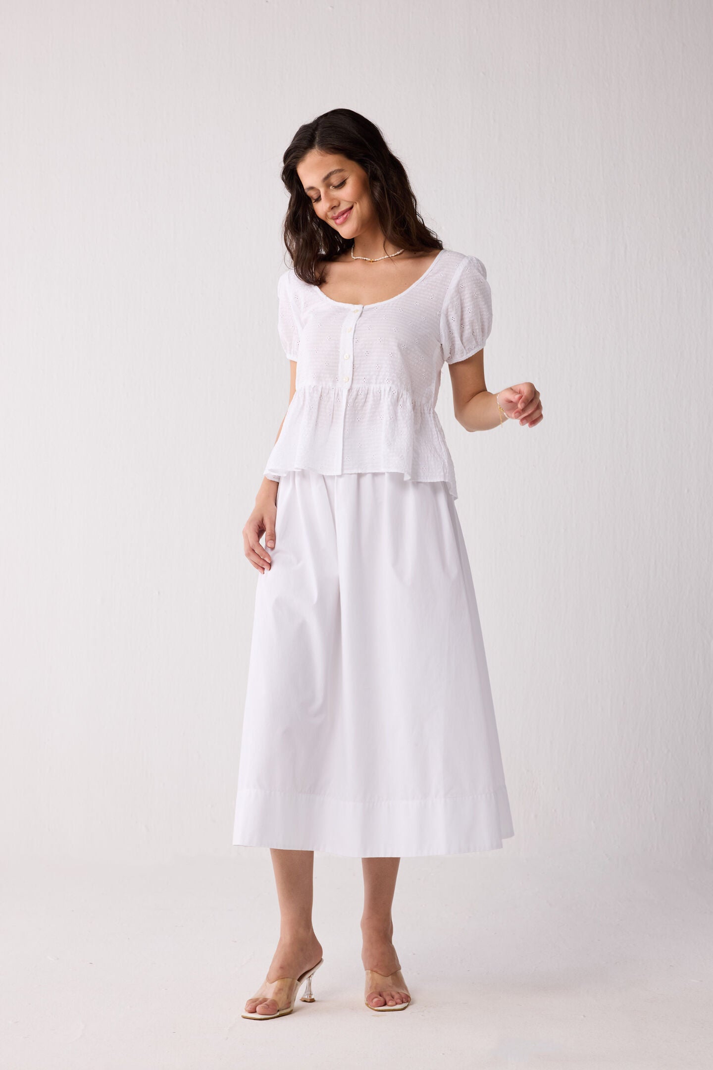 Embroidered Peplum Top with Puff Sleeves in White, Textured Eyelet in White / White, alternate image number 4