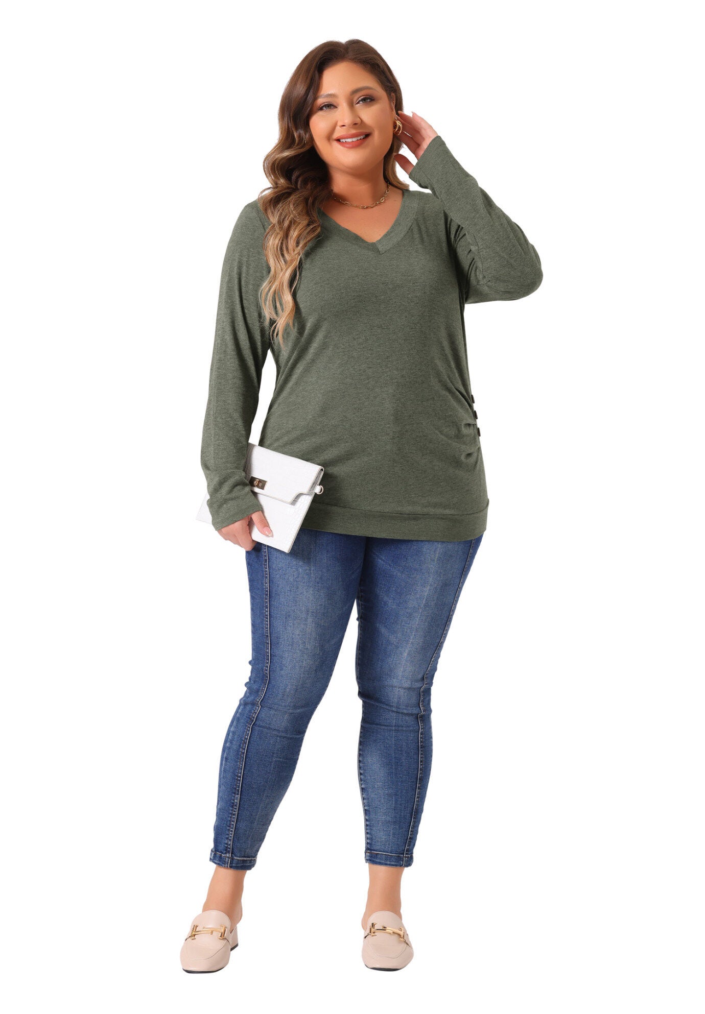 V Neck Long Sleeve Buttons Decor Ruched Casual Blouse Tunic Top, Green / Olive Green, hi-res image number 0