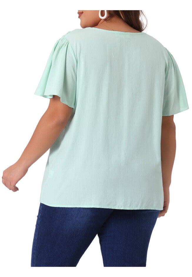 V Neck Ruffle Sleeve Smocked Shoulder Chiffon Blouse, Light Green / Mint, alternate image number 3
