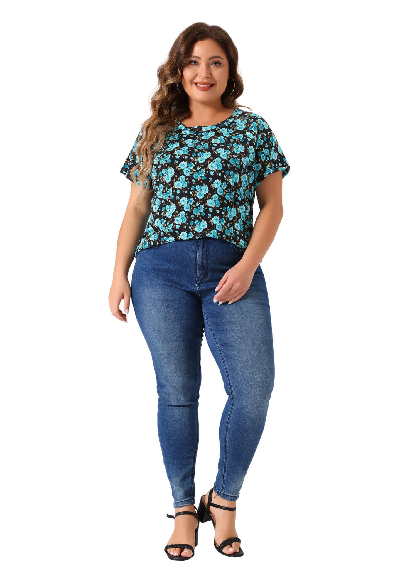 Floral Blouse Short Sleeves Loose Top, Blue / Cobalt, hi-res image number 0