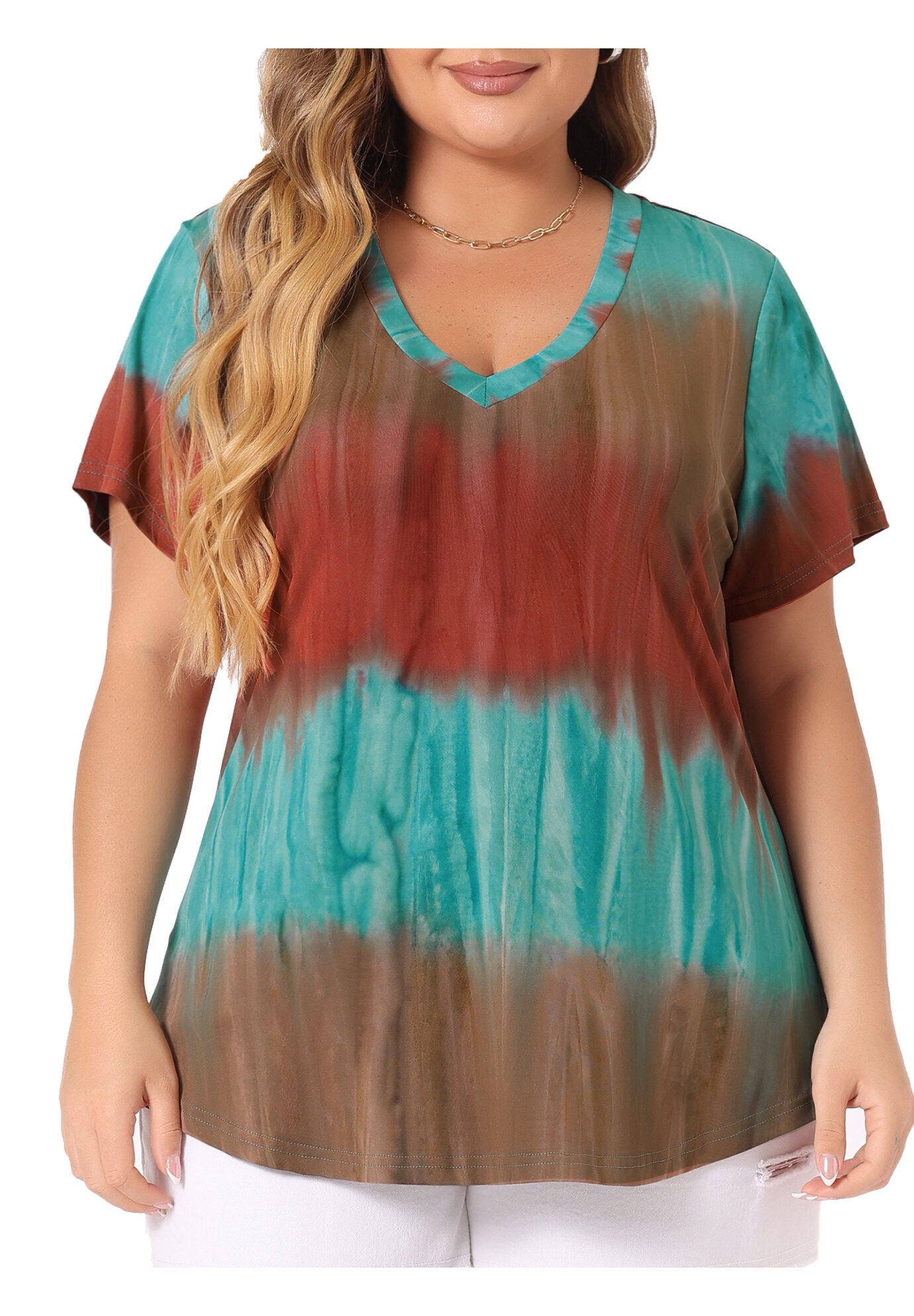 V Neck Short Sleeve Tie Dye Summer Top, Orange / Orange, alternate image number 2
