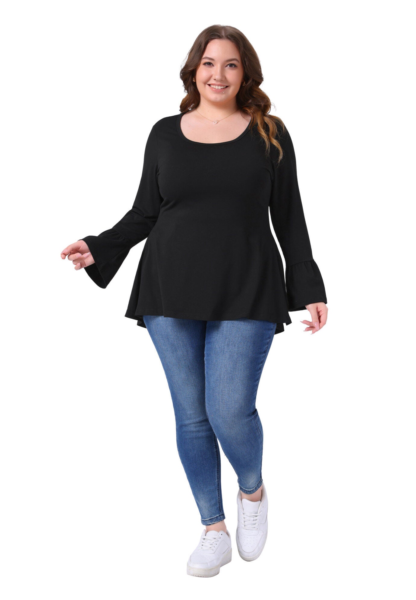 Crew Neck Bell Sleeve High Low Hem Blouses, Black / Black, hi-res image number 0