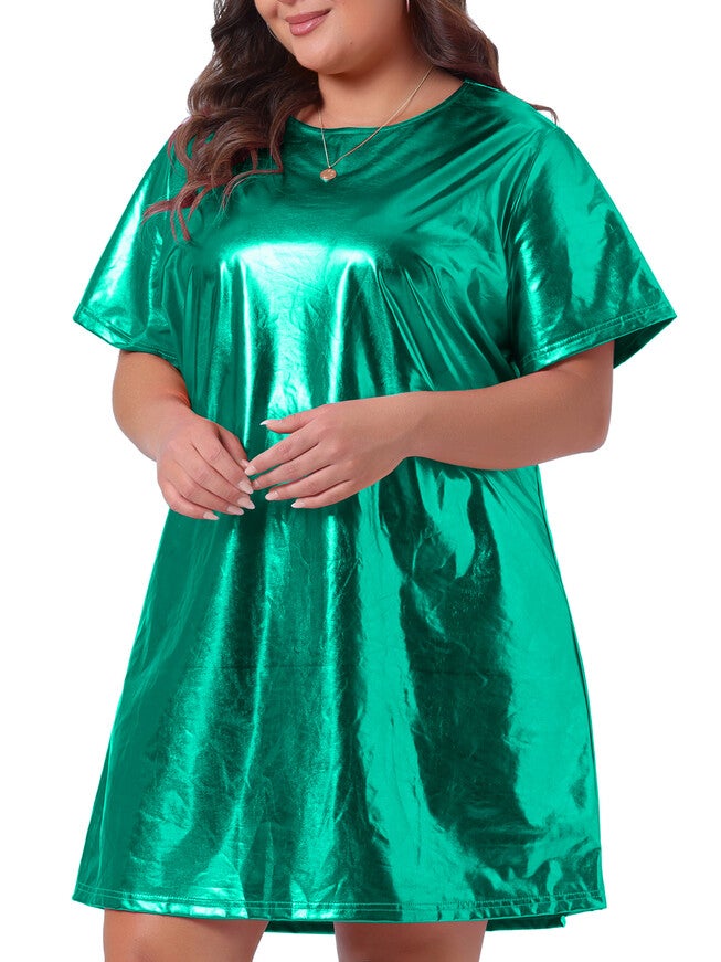 Metallic Round Neck Short Sleeve Loose Mini T-Shirt Dress, Green / Teal, alternate image number 1