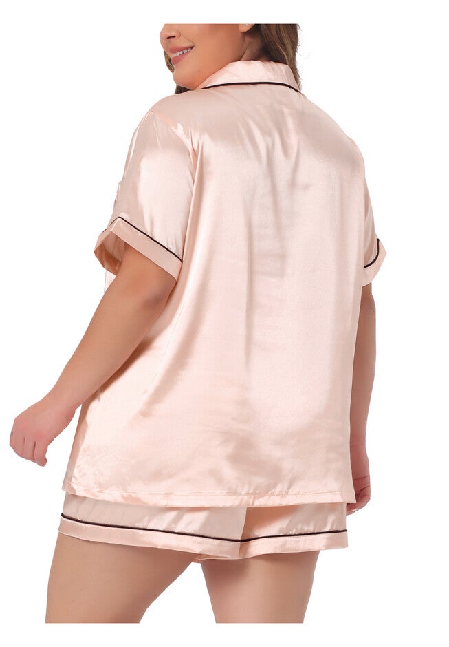 Satin Button Down Top Shorts Lounge Sets with Pocket, Champagne / Gold, alternate image number null