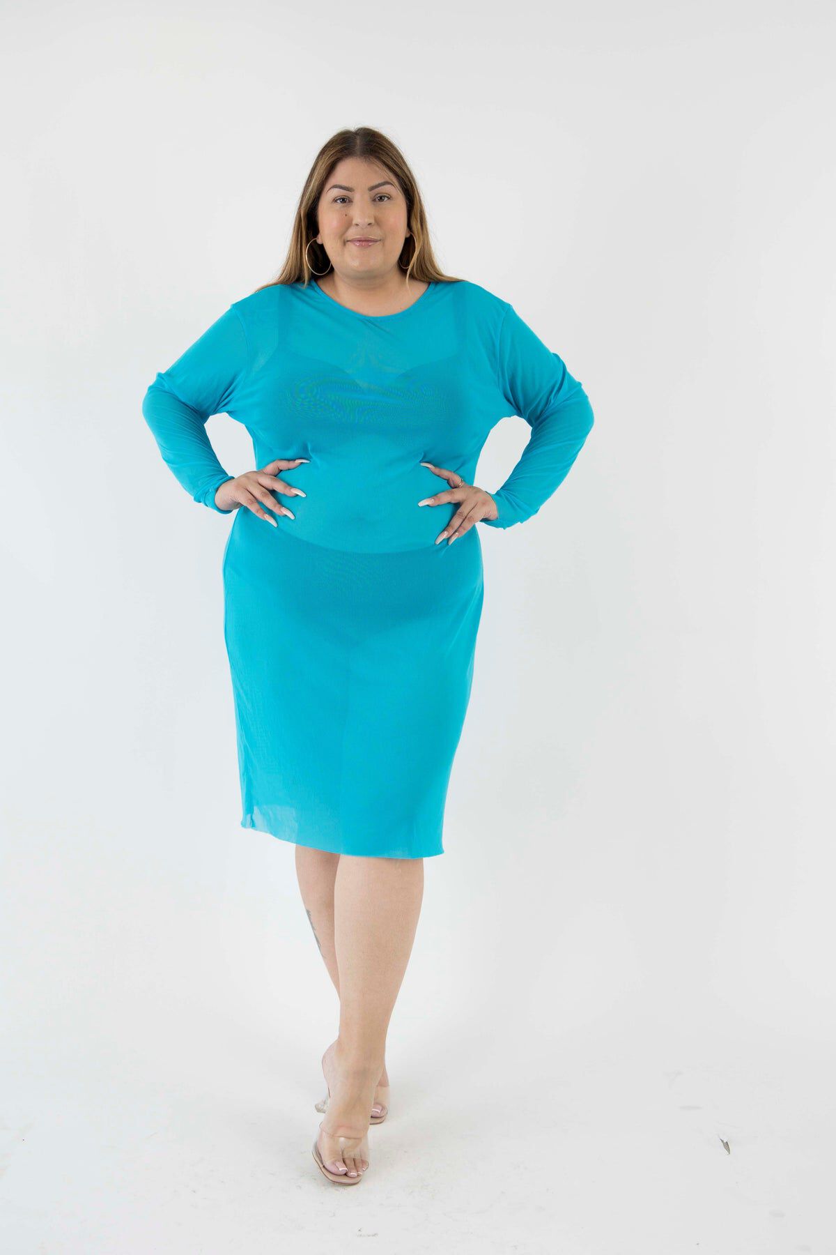 The Ghost Mesh Xray Dress with a Jewel Neckline, Turq Blue / Turquoise, alternate image number 2