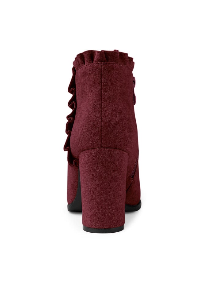 RUFFLE BLOCK HEEL ANKLE BOOTS, Burgundy / Burgundy, alternate image number 3