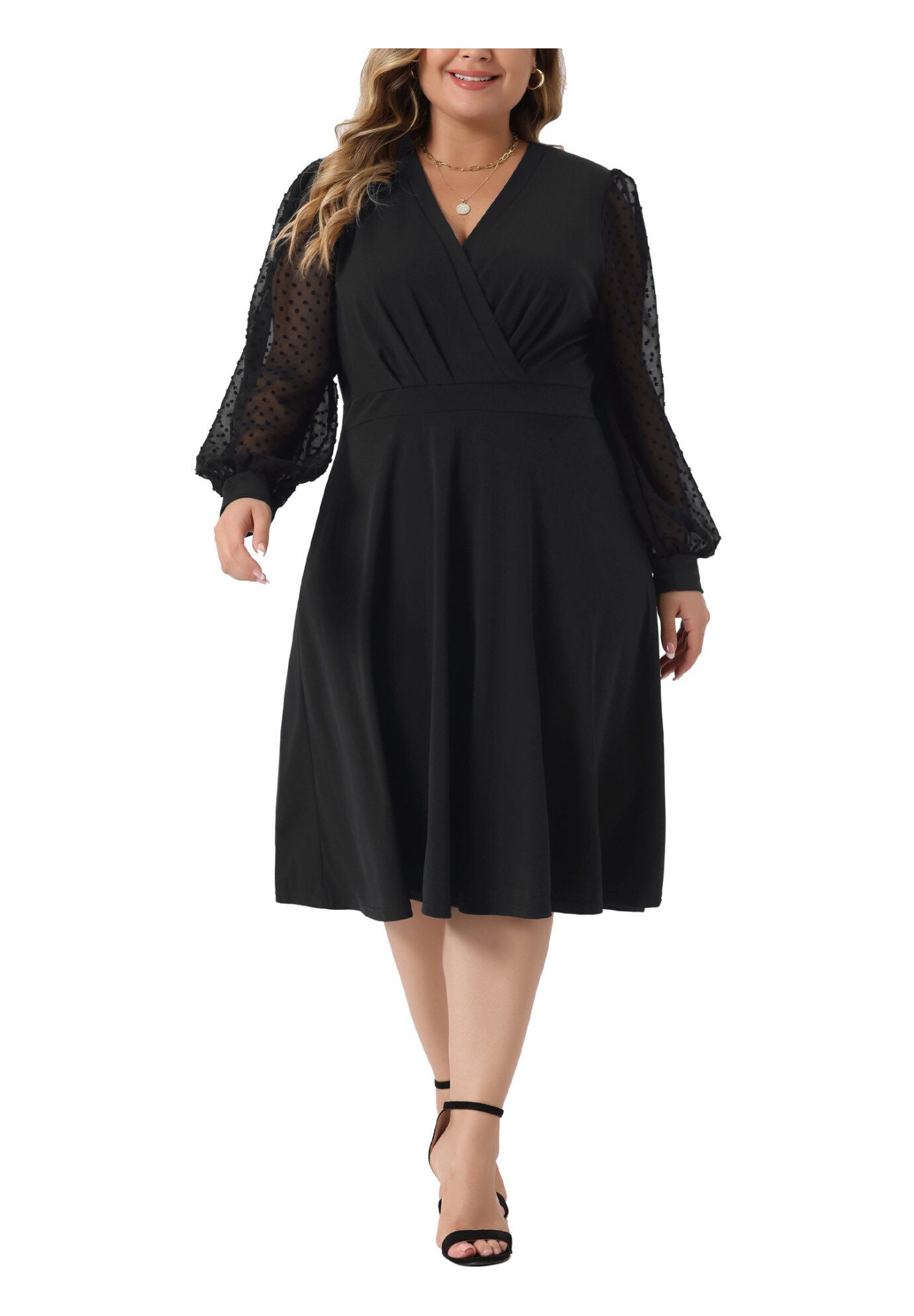 Long Sleeve Swiss Dots Formal Knee Length Dress, Black / Black, alternate image number 2