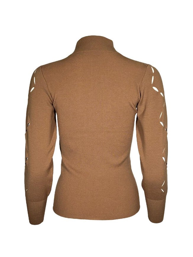 LASER CUT STRETCH MERINO SWEATER, Camel / Brown, alternate image number null