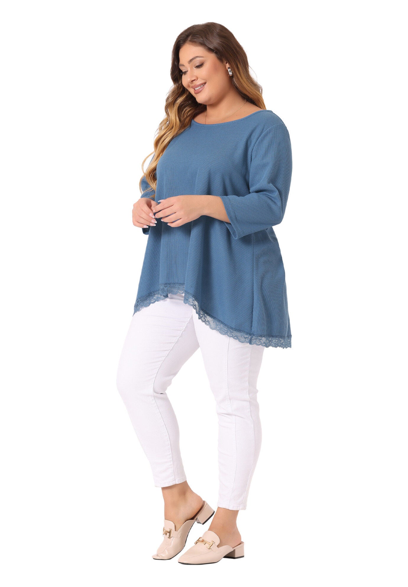 Waffle 3/4 Sleeve Lace Panel Loose High Low Hem Blouse Top, Blue / Cornflower Blue, hi-res image number 0