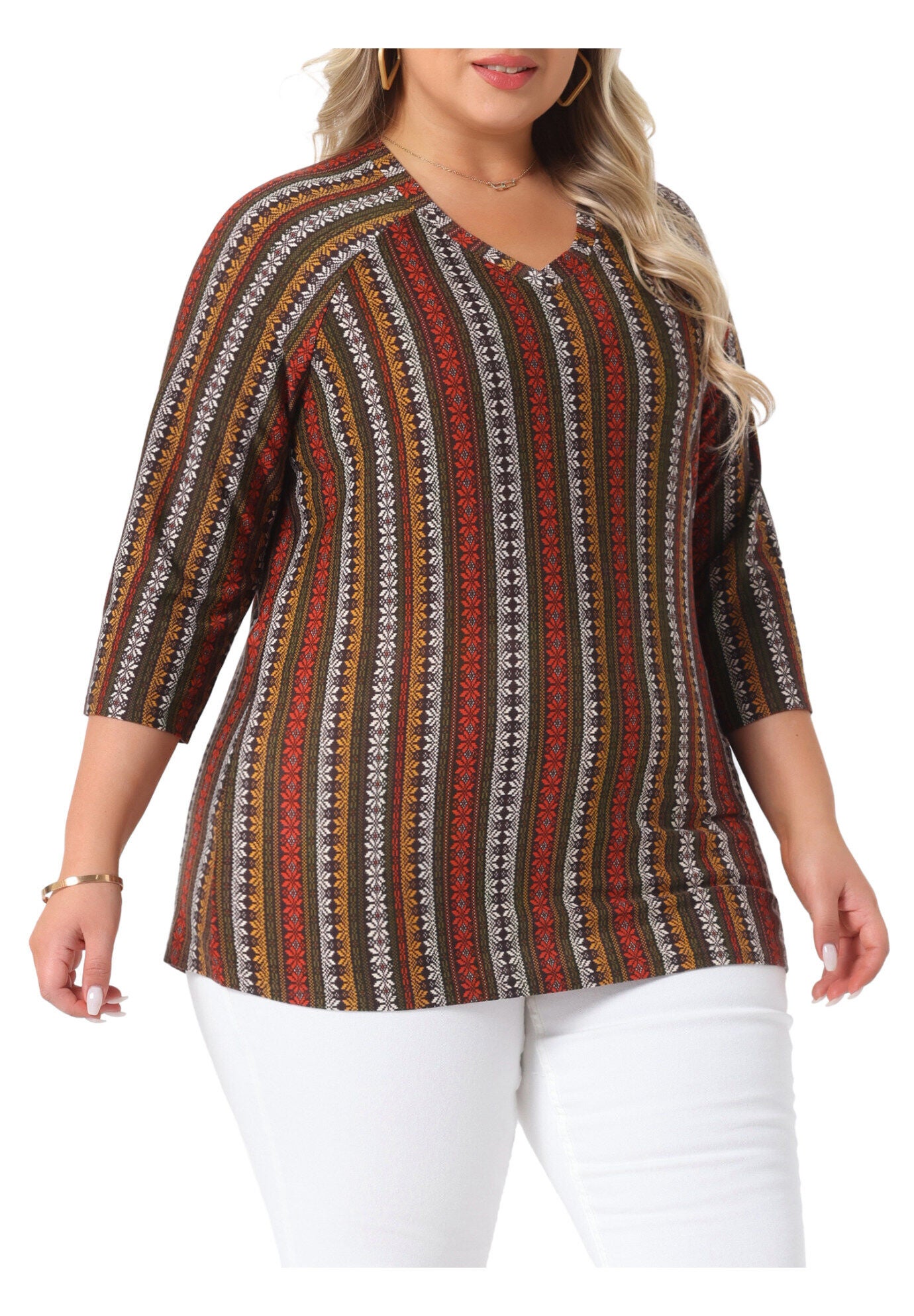 3/4 Sleeve Knit Blouse Tee Stripe Boho Top, Red Brown / Red, alternate image number 3