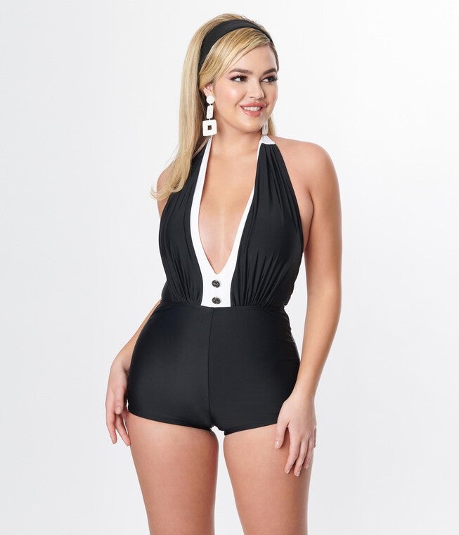 Unique Vintage Black & White Contrast Romper Swimsuit, Black White Contrast / Black, alternate image number 4