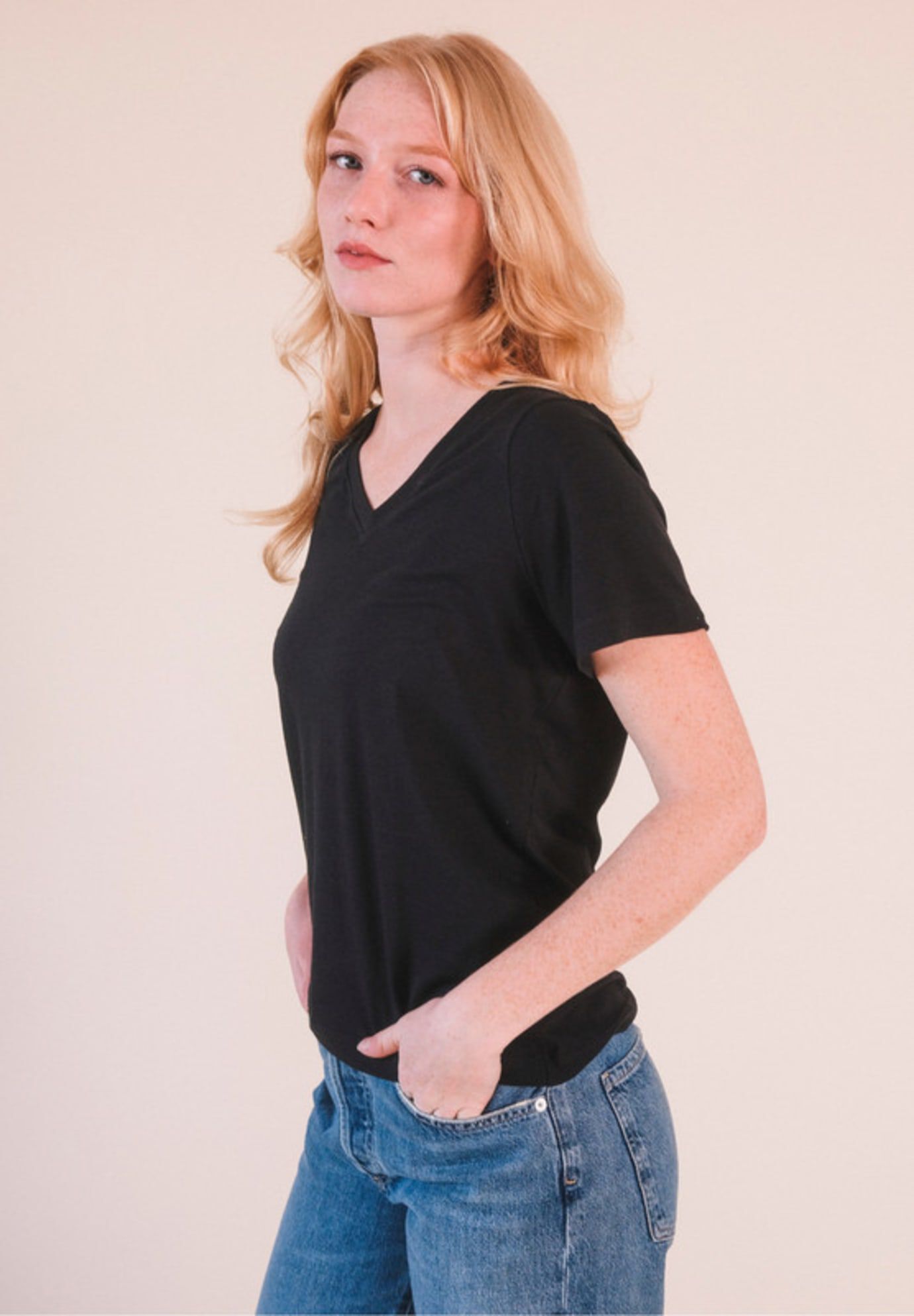 Plus Louise Organic Cotton + Tencel  V-neck Tee, Black / Black, alternate image number 3