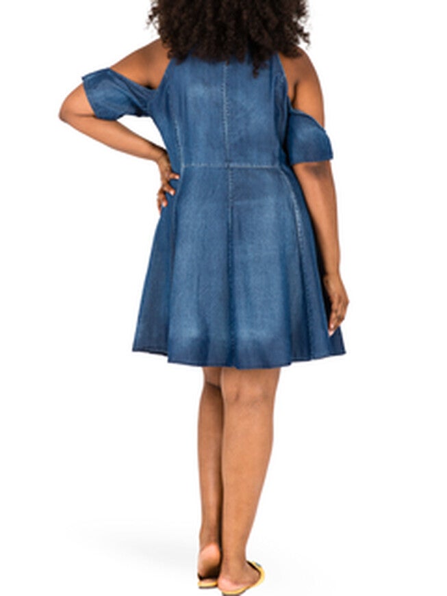 Lauren Cold Shoulder Flare Mini Tencel Dress, Blue / Dark Wash, alternate image number null
