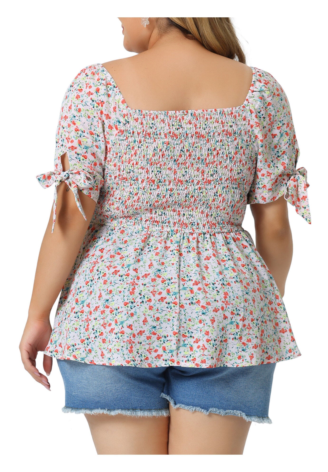 Summer Square Neck Smocked Bow Tie Short Sleeve Peplum Blouse, Pink / Pink, alternate image number 3