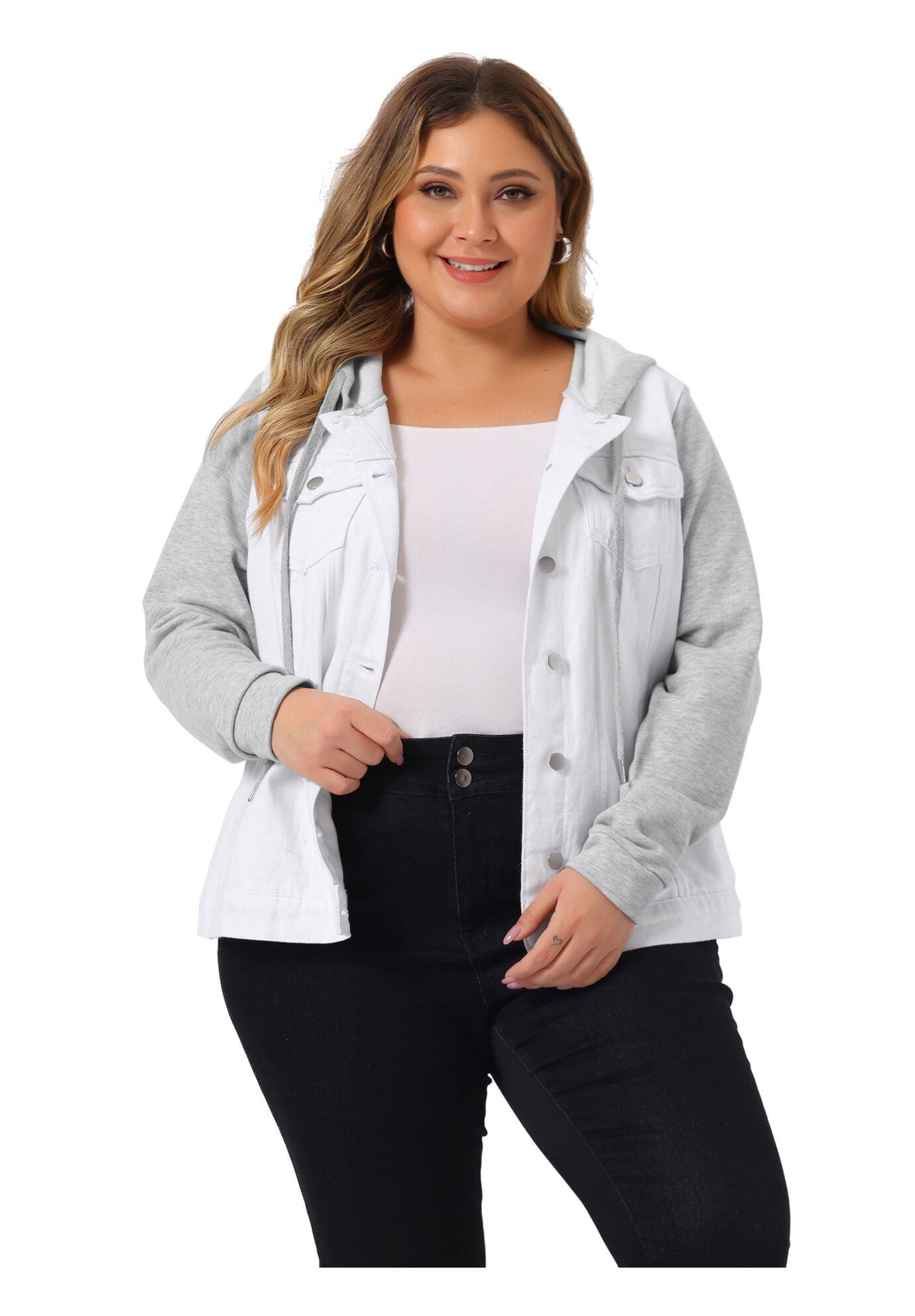 LAYERED DRAWSTRING HOODIE DENIM JEAN JACKET, White / White, alternate image number 1