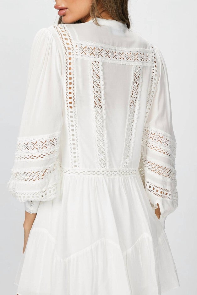 DRESS WITH LACE DETAILING IN WHITE, White / White, alternate image number null