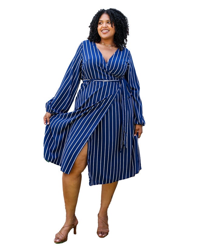White Vertical Stripe V Neck Midi Dress | Dia & Co White Vertical Stripe V Neck Midi Dress | Dia & Co