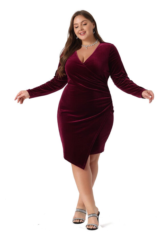 Long Sleeve Velvet Bodycon Wrap V Neck Ruched Cocktail Dress, Burgundy / Burgundy, hi-res image number null