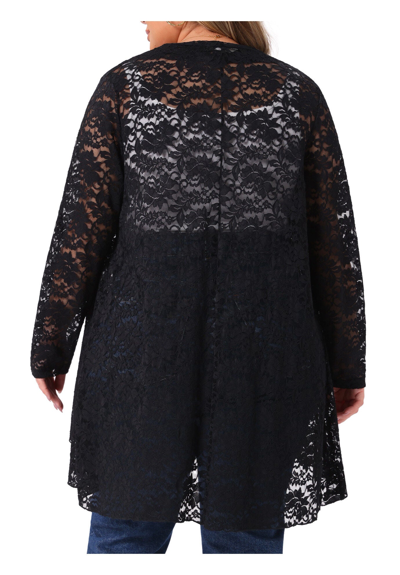 Long Sleeve Sheer Crochet Lace Cover Up, Black / Black, alternate image number 3