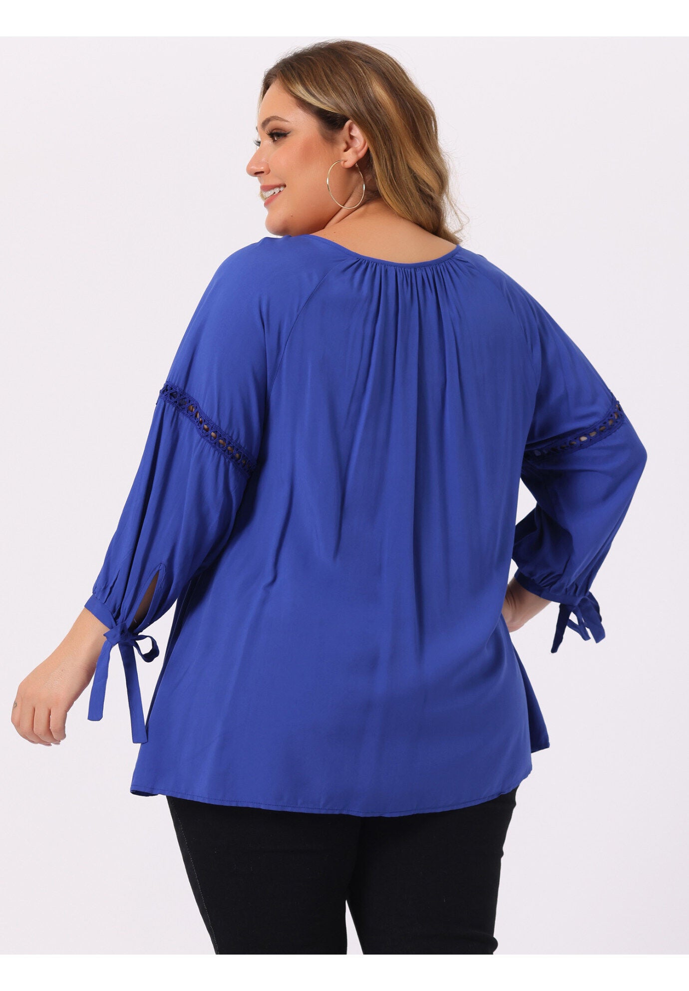 RAGLAN SLEEVES HOLLOW OUT TIE NECK PEASANT TOP, Royal Blue / Royal Blue, alternate image number 2