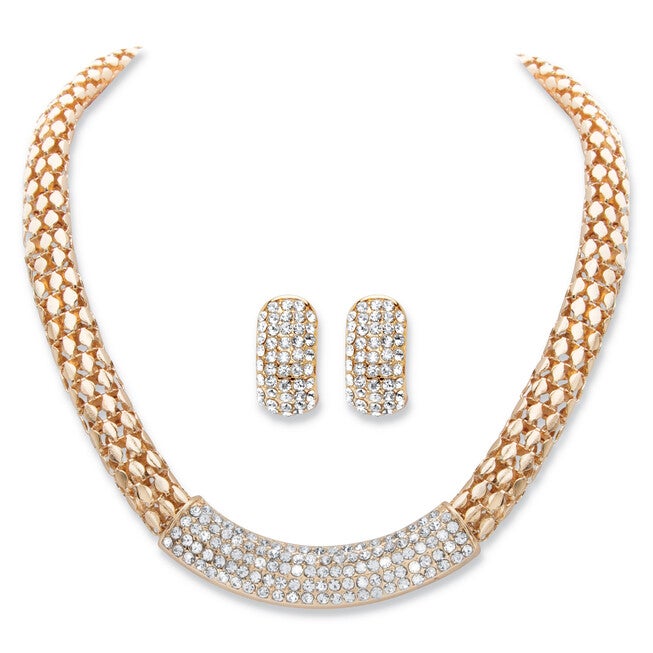 Round Crystal Goldtone Earring and Snake-Link Choker Necklace Set 17 inches-20 inches, White / White, hi-res image number 0