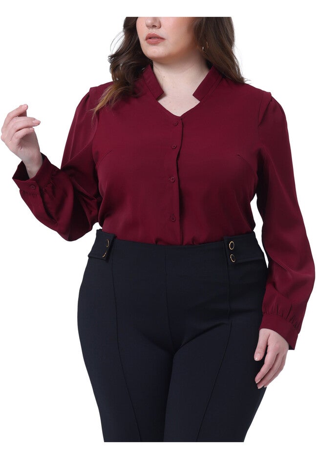 Button Up Notch V Neck Long Sleeve Work Shirt, Burgundy / Burgundy, alternate image number null