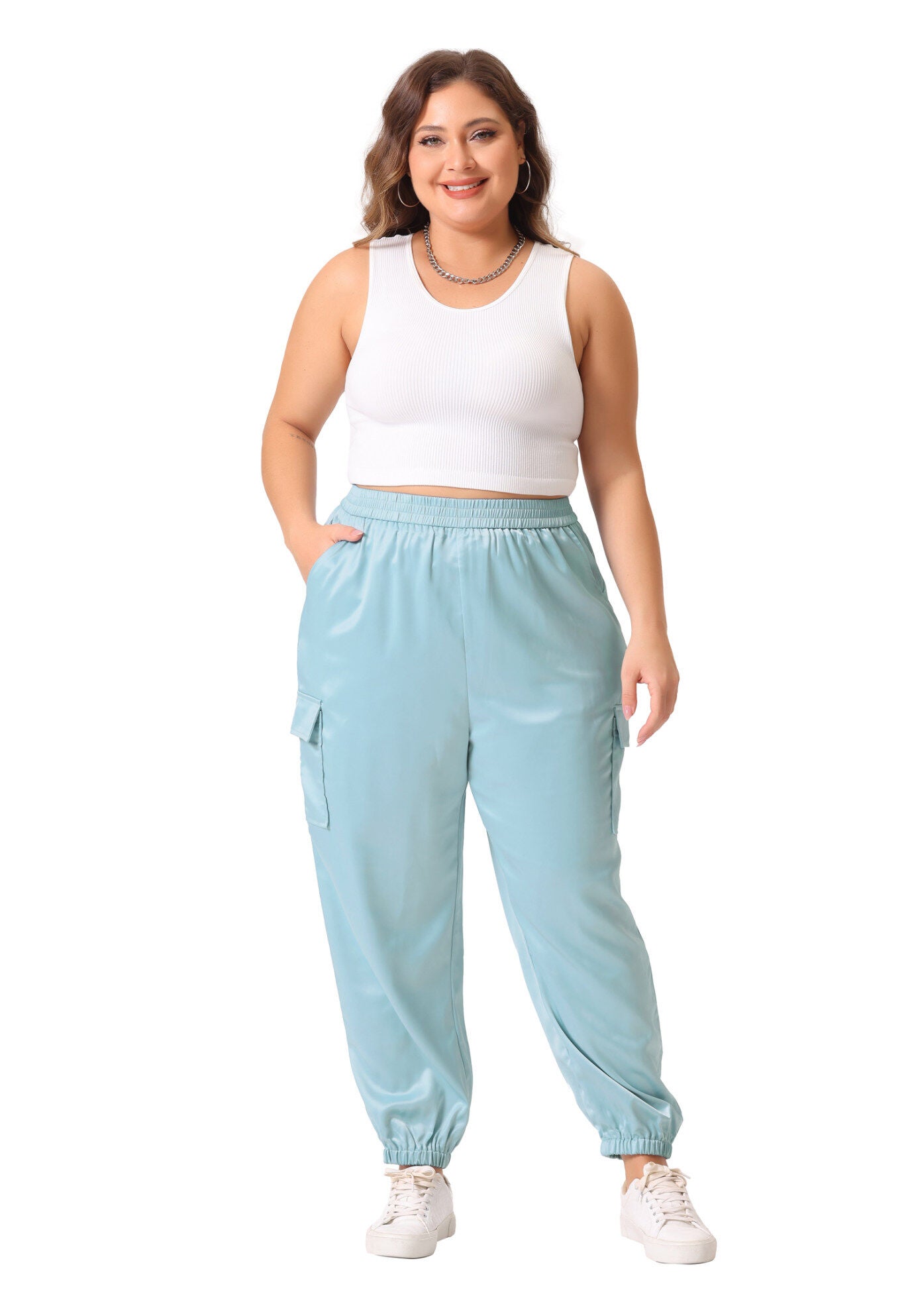 SATIN JOGGERS ELASTIC WAIST ATHLEISURE ANKLE LENGTH CARGO PANTS, Light Blue / Light Blue, hi-res image number 0
