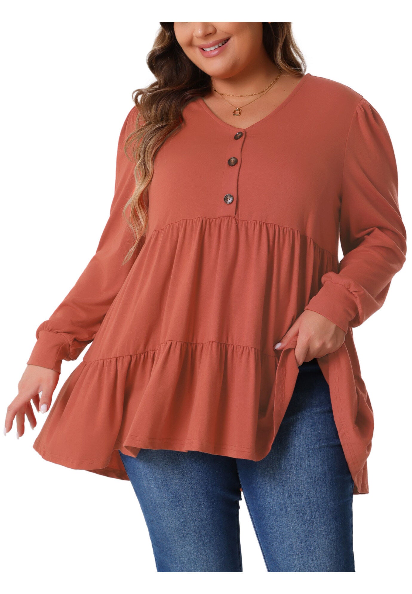 V Neck Long Sleeve Button Up Peplum Tunic Babydoll Top, Brick Red / Burnt Orange, alternate image number 4