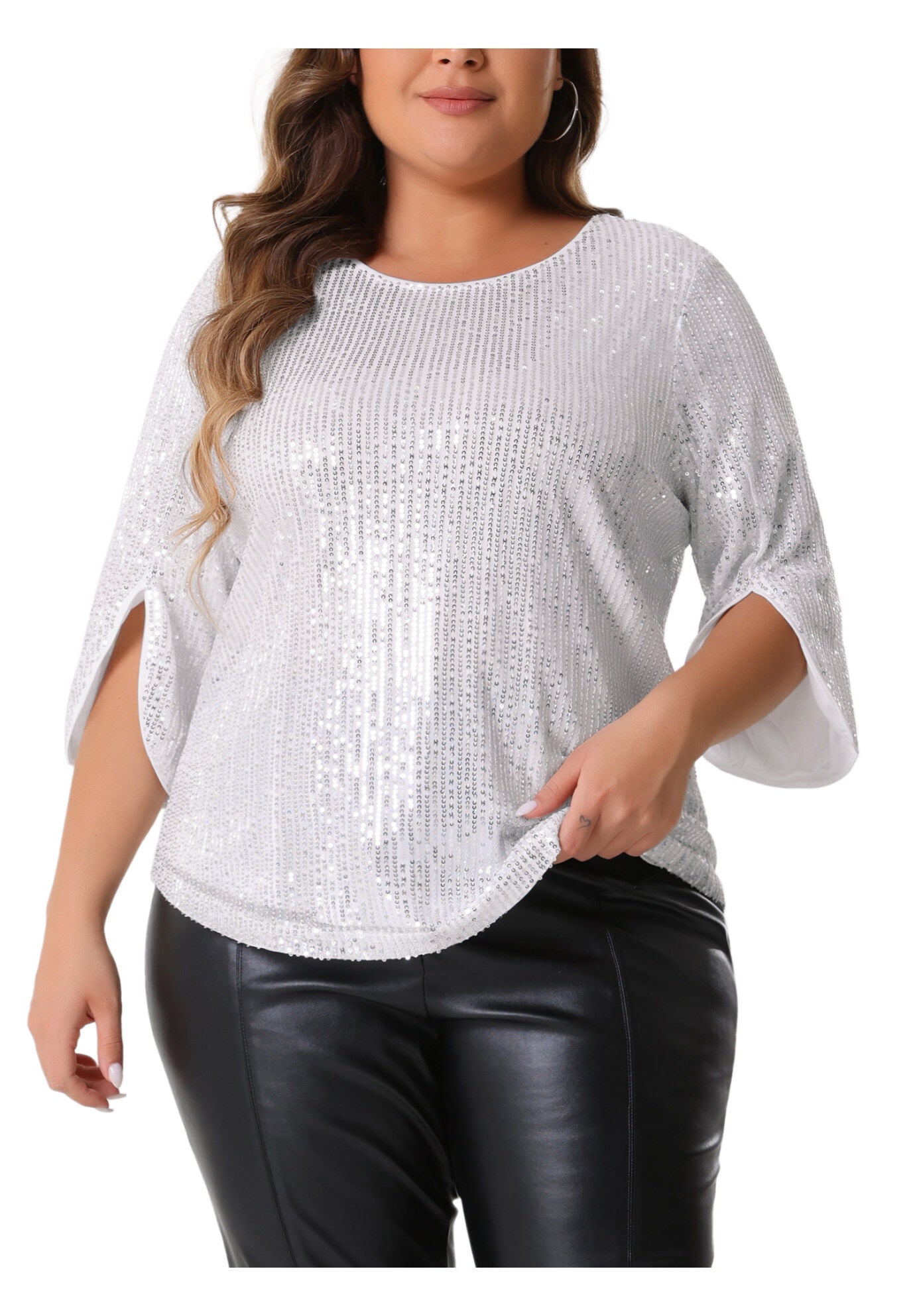 Glitter 3/4 Slit Sleeve Shimmer Sequin Blouse Top, Silver / Silver, alternate image number 2
