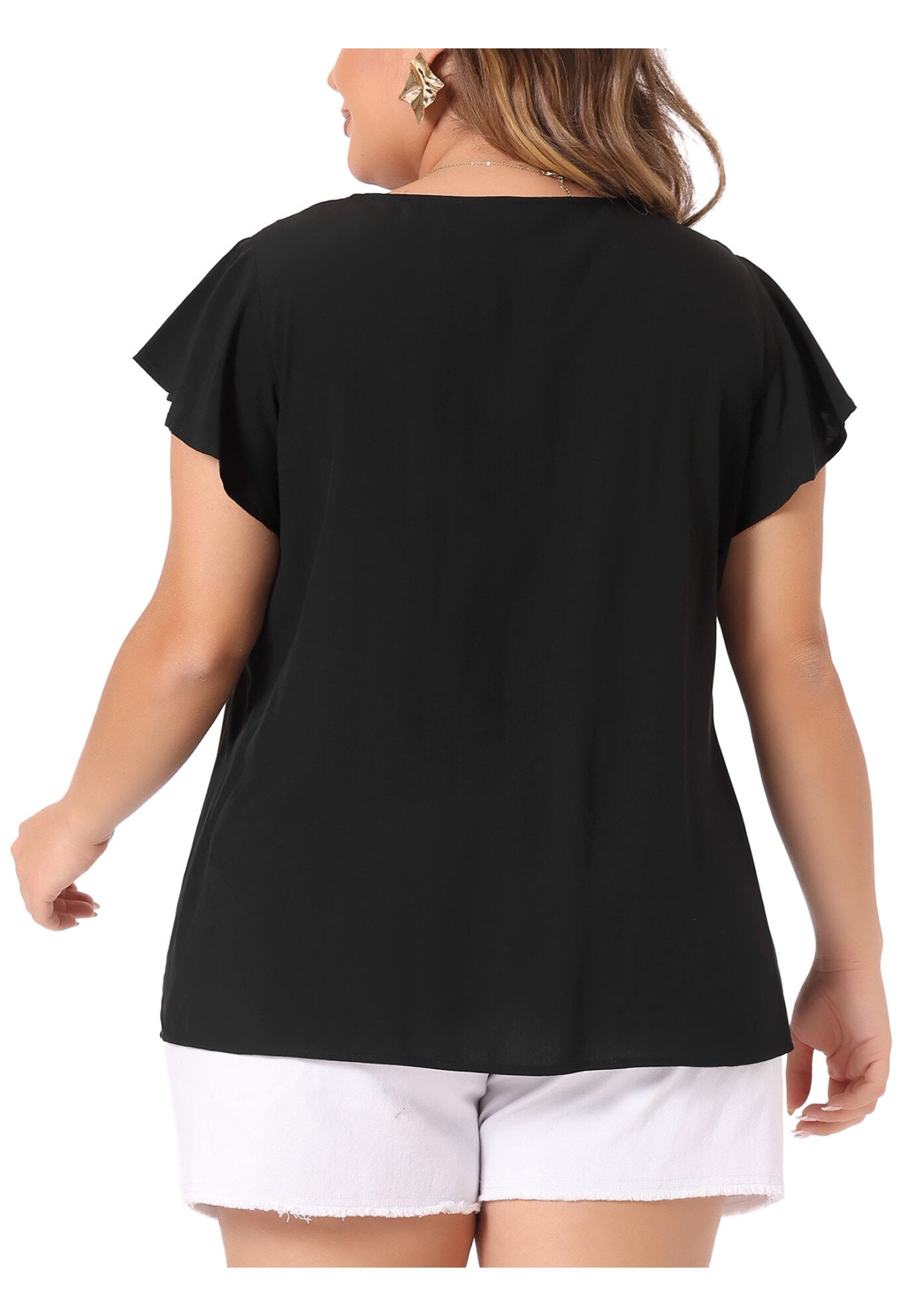 Ruffle Sleeve Peasant Tie Neck Boho Top Summer Blouse, Black / Black, alternate image number 3