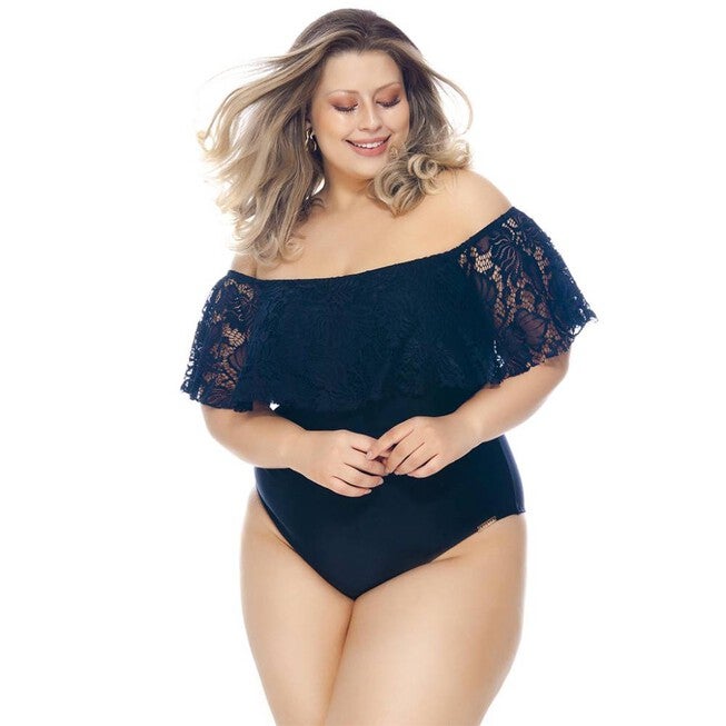Off Shoulder Swimsuit With Padded Cups And Ruffles, Black / Black, hi-res image number 0