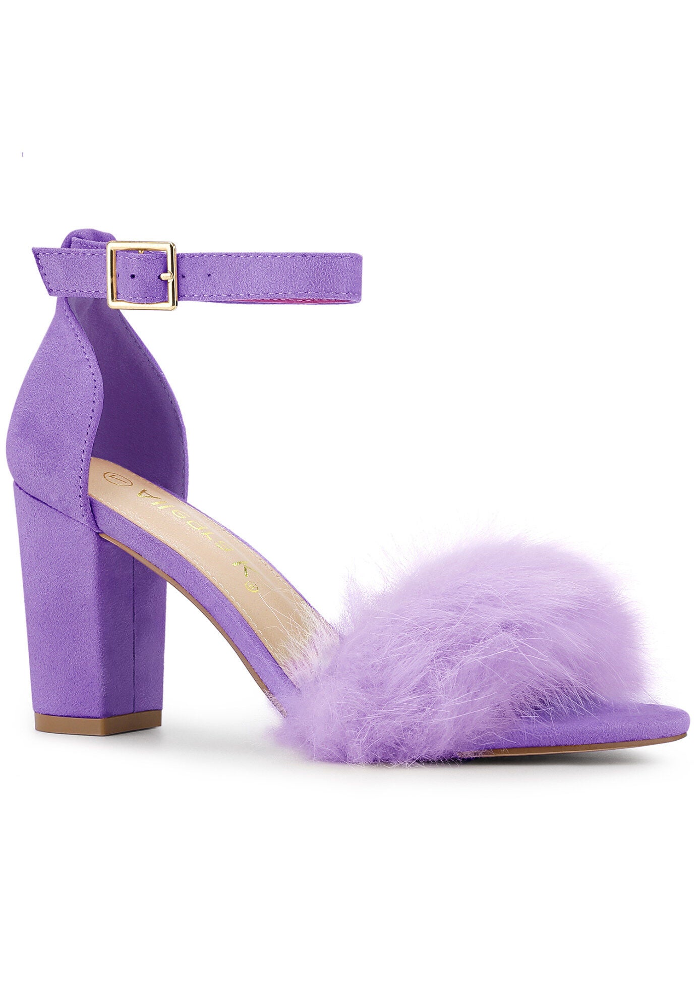 Faux Fur Ankle Strap Block Heels Sandal, Purple / Purple, hi-res image number 0