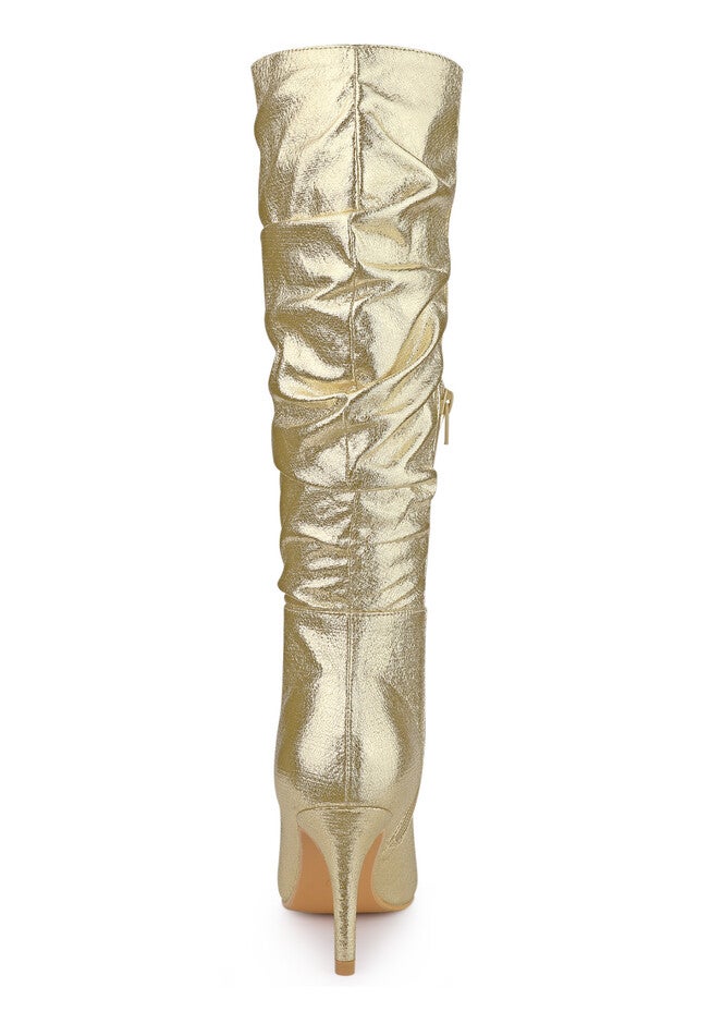 Pointed Toe Slouch Stiletto Heels Knee High Boots, Gold / Gold, alternate image number 2