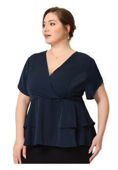 Work V Neck Ruffle Hem Buttons Front Peplum Top