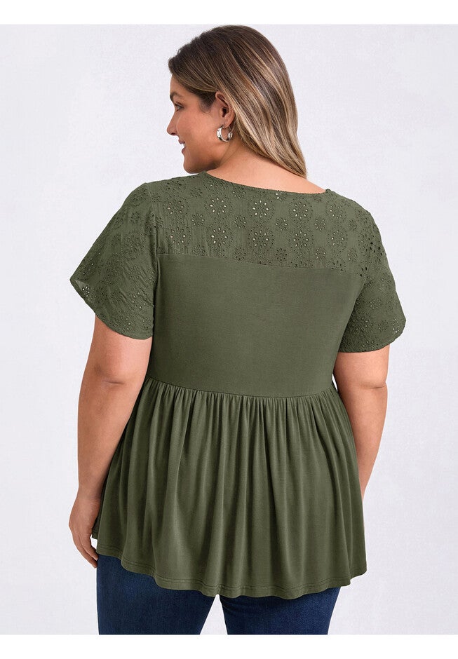Eyelet Embroidery Short Sleeve Blouse Babydoll Tunic, Army Green / Olive Green, alternate image number 2