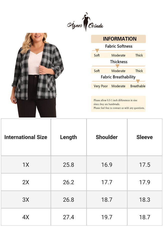 3/4 Sleeves Casual Blazers Open Front Plaid Cardigan, Black / Black, alternate image number 4