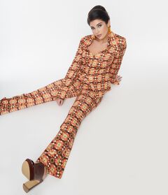 Unique Vintage Orange & Brown Mosaic Flare Pants
