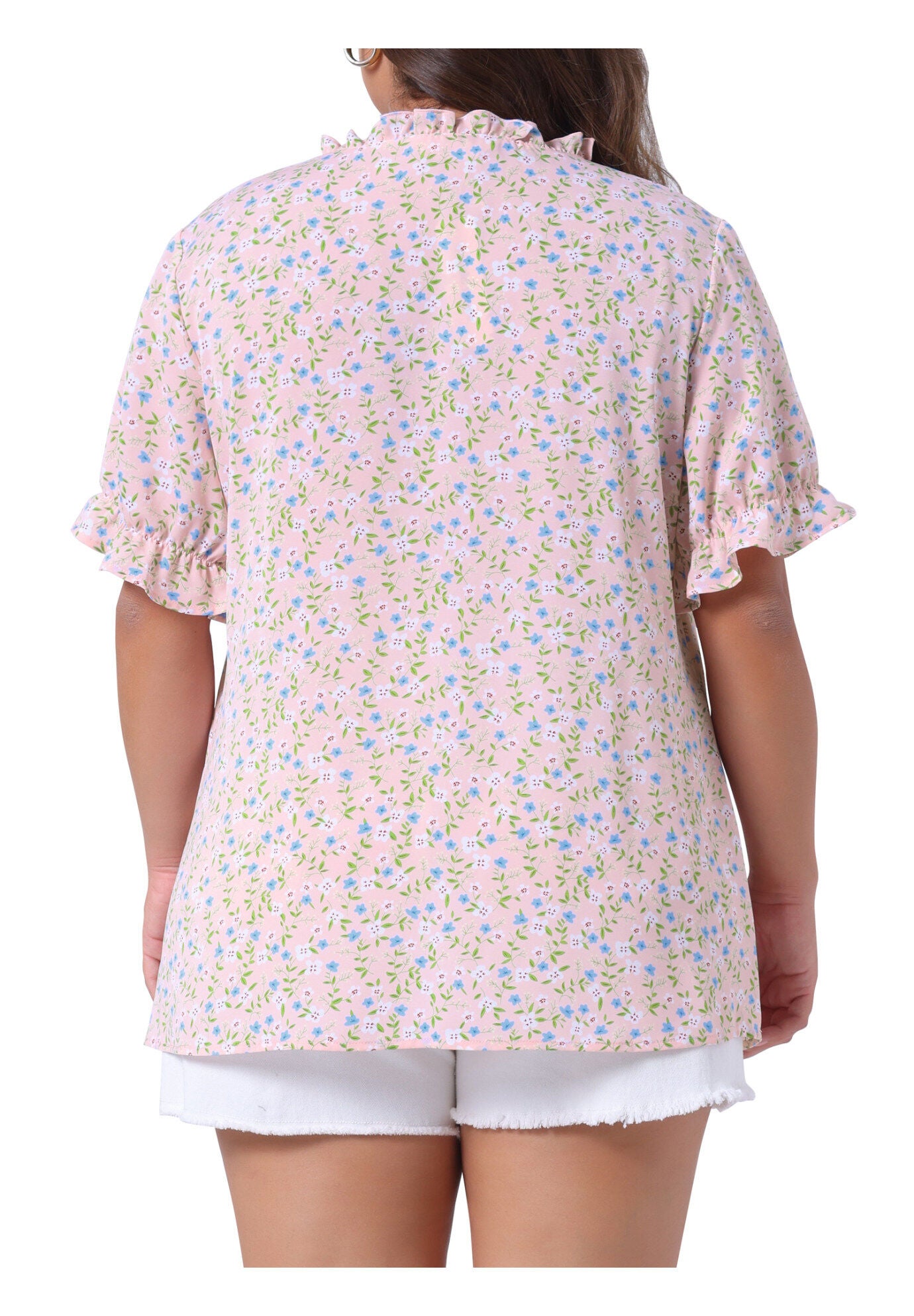 Floral V Neck Ruffle Puff Short Sleeve Blouse, Pink / Pink, alternate image number 3