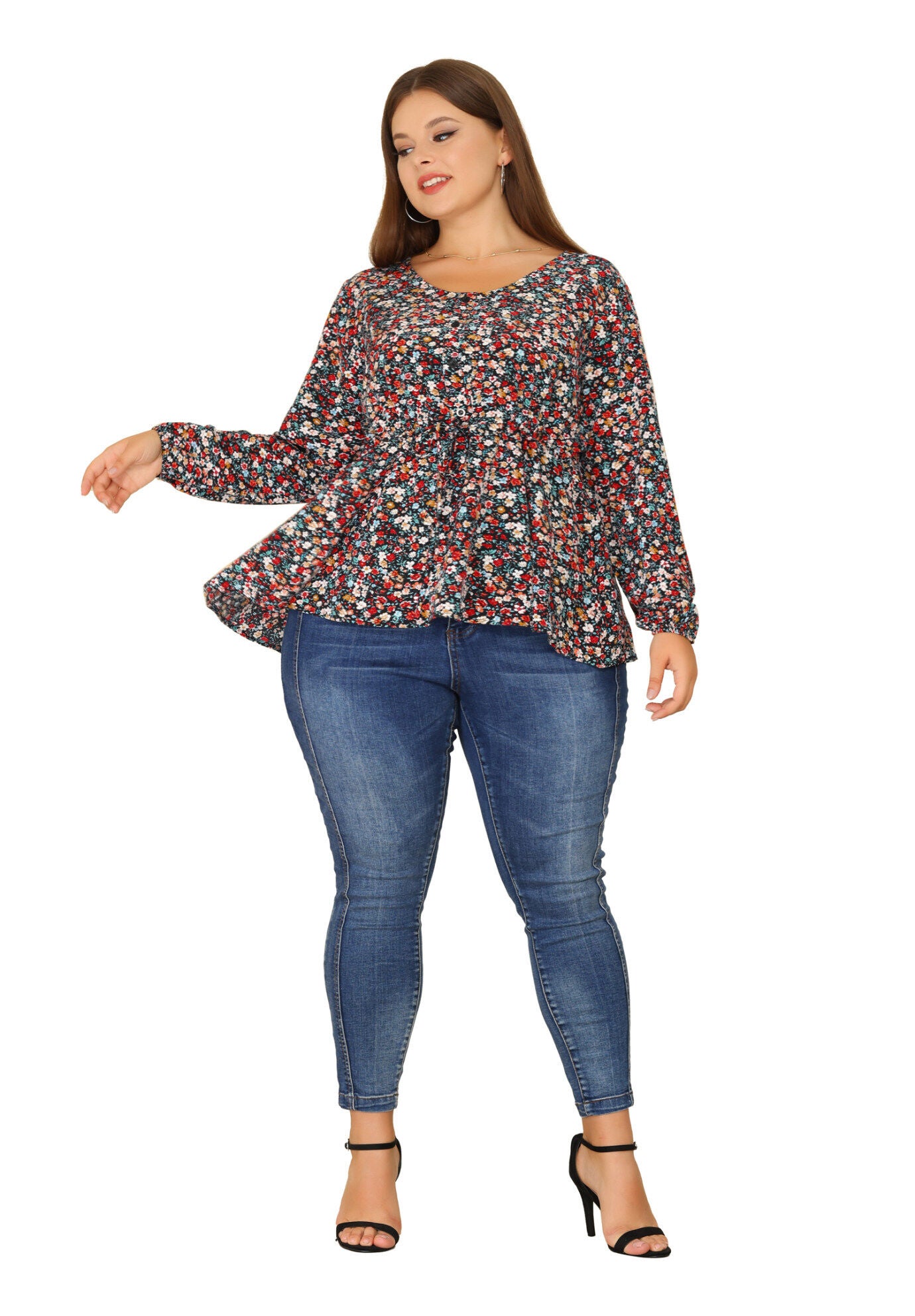 Floral Print Long Sleeves Belt Tie Ruffle Casual Peplum Top, Black / Black, hi-res image number 0