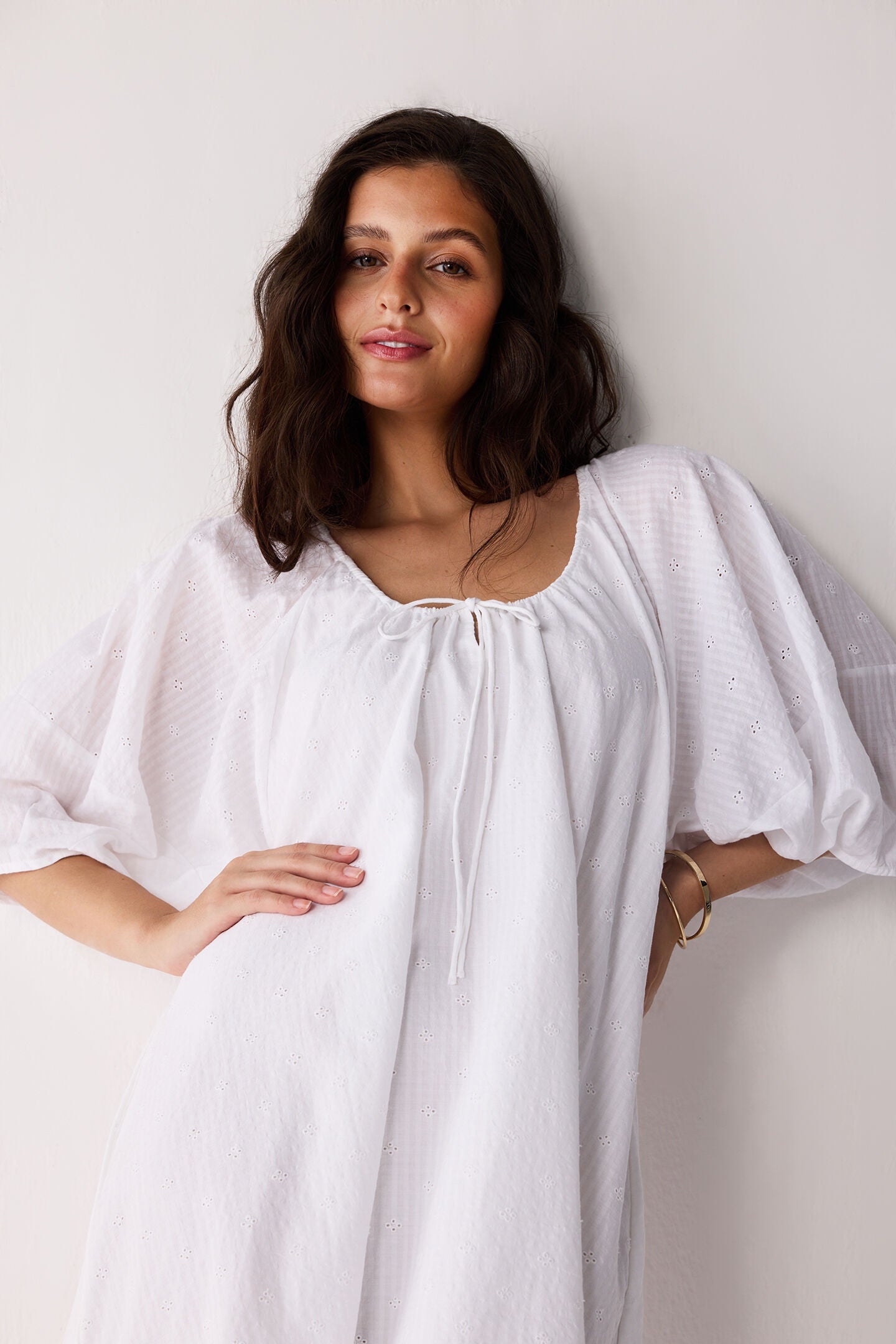 Puff Sleeved Dress with Drawstring Neckline, Textured Eyelet in White / White, alternate image number 5