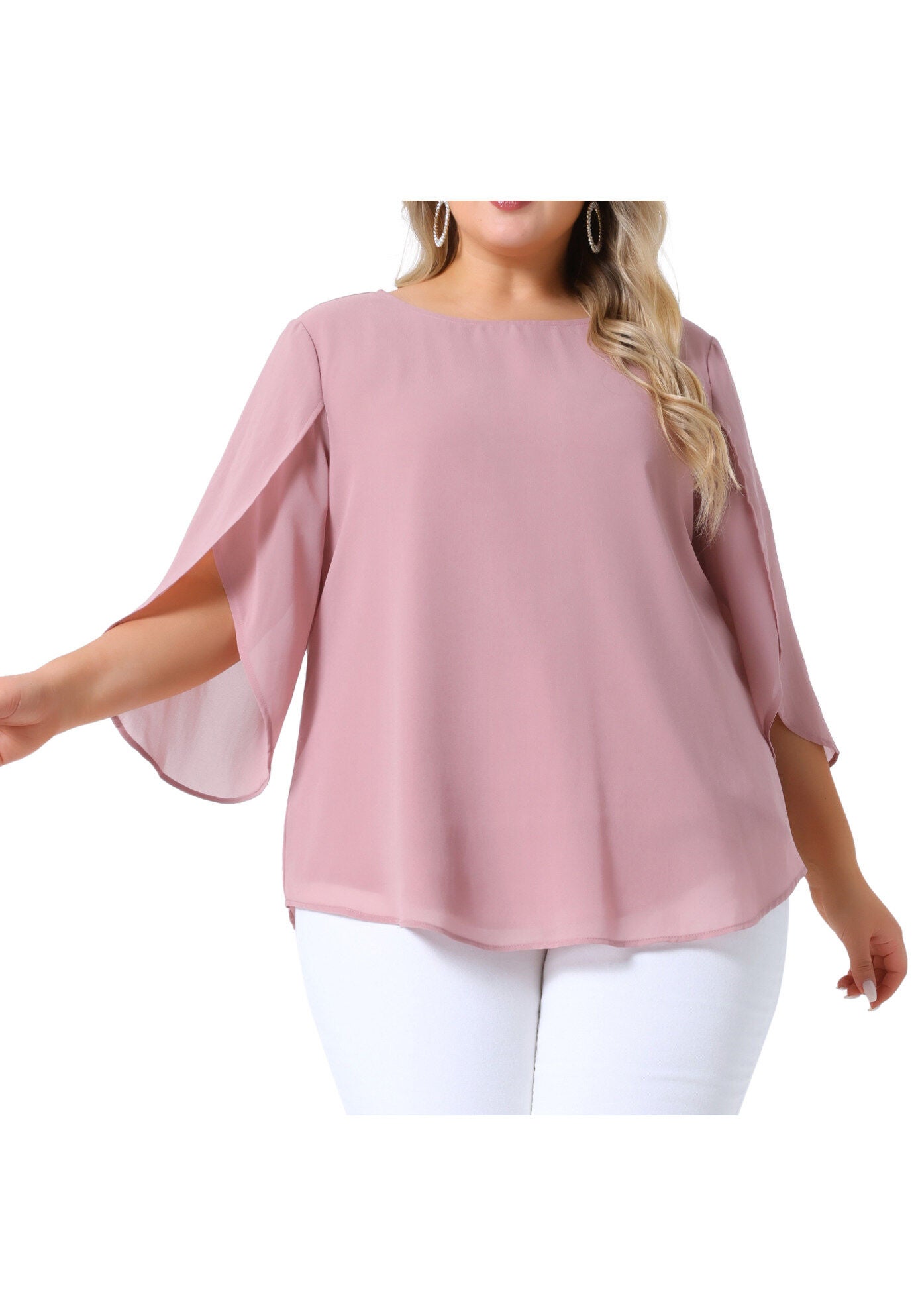Flutter Petal Half 3/4 Sleeve Loose Chiffon Top, Pink / Pink, alternate image number 2