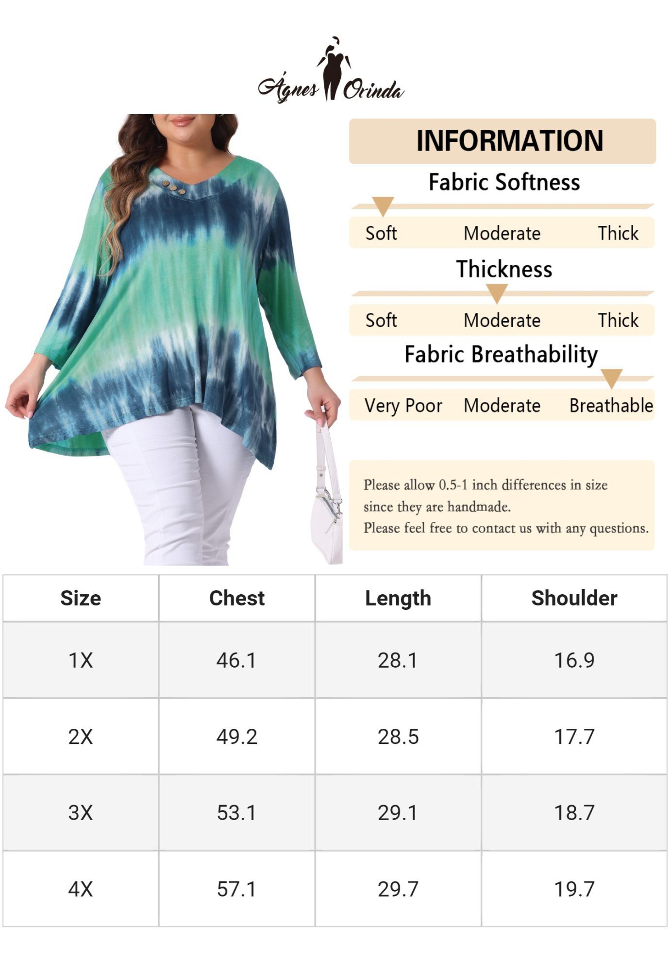 Elbow 3/4 Sleeve Loose Fit Tie Dye Tunic Top, Blue Green / Turquoise, alternate image number 4